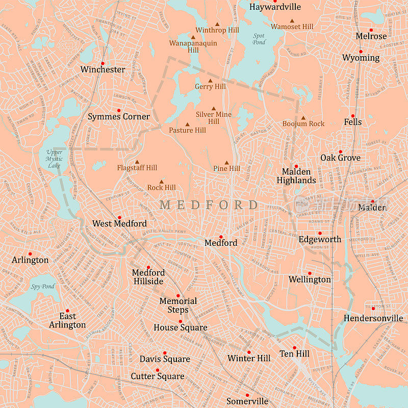 MA Middlesex Medford矢量路线图